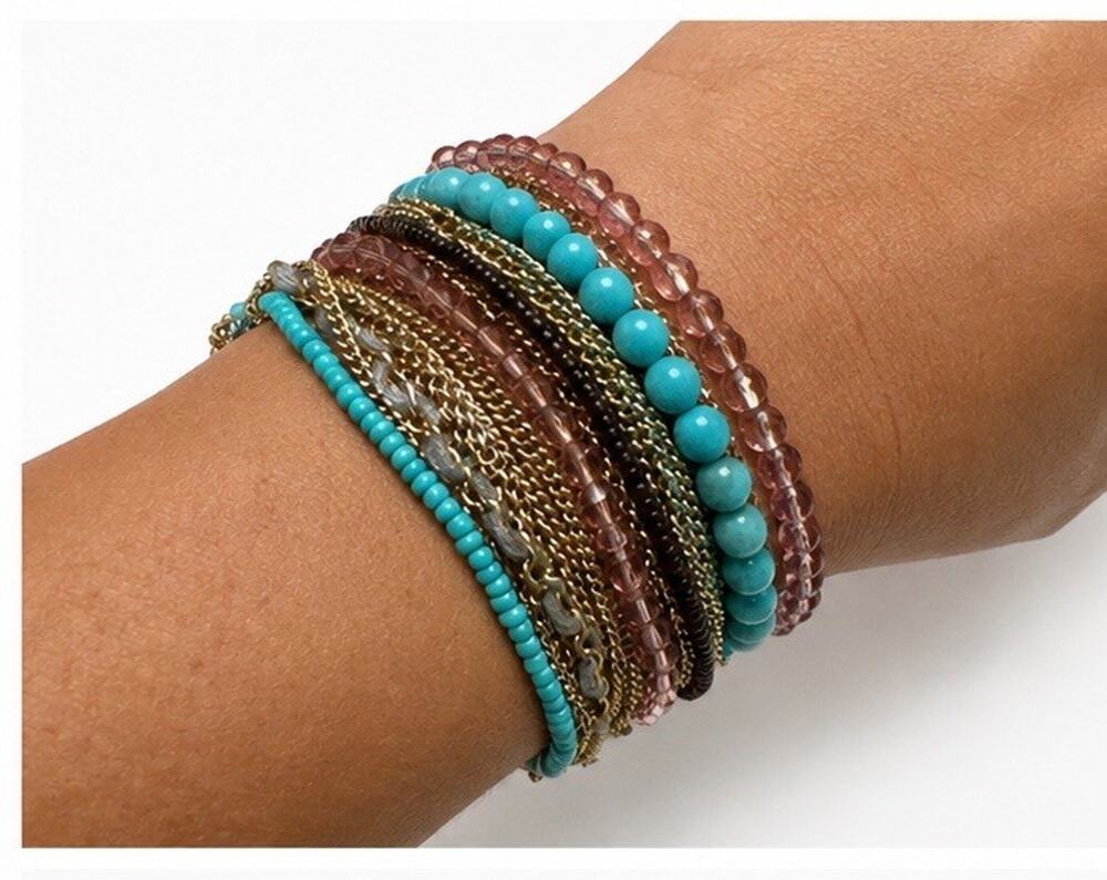 SPRING STREET MULTI STRAND BRACELET TURQUOISE PINK BEADED GOLD TONE STATEMENT